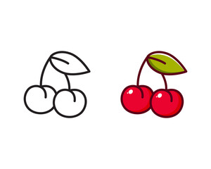 Cherry logo. Two berries with leaf. Linear and color icon. Cartoon simple vector. Contour isolated pictogram on white background