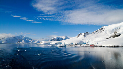 Ocean and Ice Landscapes with snow and icebergs from Paradise Bay in Antarctica.