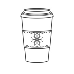 Paper cup for coffee in a ornate knitted cup holder. Coffee to go for the winter menu. Vector linear illustration isolated on white background