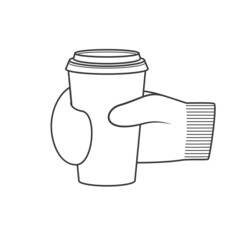 Hand in mitten hold a paper coffee cup with a lid. Coffee with wallpaper in winter. Vector linear illustration isolated on white background