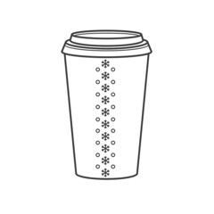 A paper cup for coffee to go. A glass with a snowflake is a symbol of the seasonal menu. Vector linear illustration isolated on white background