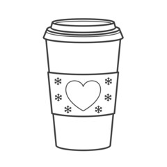 A paper cup for coffee to go. A glass with a heart and snowflakes is a symbol of the seasonal menu. Vector linear illustration isolated on white background