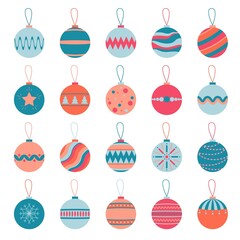 Collection of colorful Christmas balls. Vector flat illustration isolated on white background