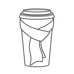 Paper cup for coffee in a scarf. Coffee to go for the winter menu. Vector linear illustration isolated on white background