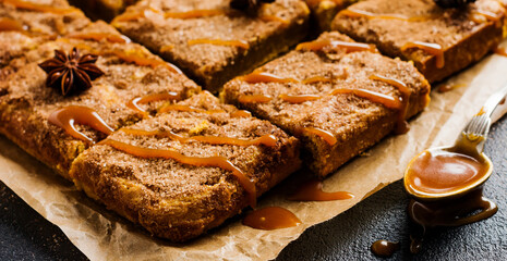 Spicy Pumpkin Cbars Blondie Squares with Cinnamon, Anise and Caramel. Traditional English Dessert....