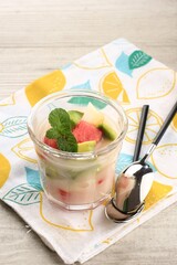 Sop Buah or Es Buah is Mixed Fruit with Coconut or Simple Syrup, Served with Shaved Ice and add Condensed Milk to Add Creamy Swetened