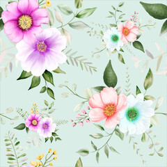 seamless pattern watercolor flower and leaves design