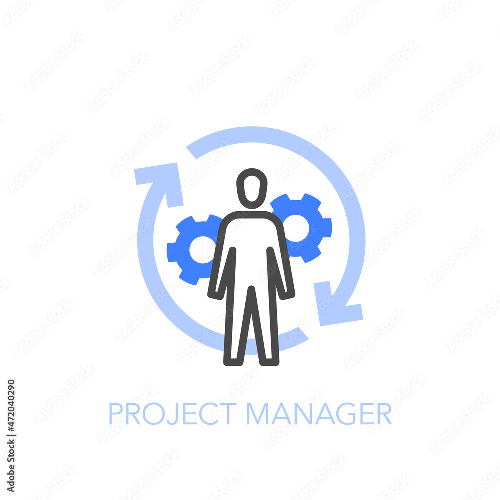 Aufkleber Project manager symbol with a person and process arrows. Easy to use for your website or presentation.