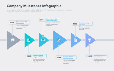 Modern infographic with six steps for company milestones. Easy to use for your website or presentation.