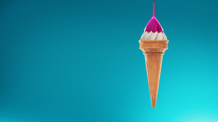 3d render syrup pouring on ice cream on blue background