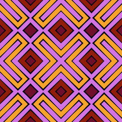 African style seamless surface pattern in bright colors. Ethnic motif. Repeated rhombuses, crosses. Abstract background. Geometric digital paper. Tribal textile print. Geometrical illustration