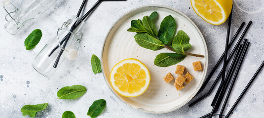 Fresh branch of mint, lemon and pieces of cane sugar on ceramic plate on old concrete background