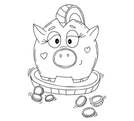 Cute playful pig piggy bank. Vector illustration in hand doodle style. Pig piggy bank with coins and pennies. outline, character linear sketch for design and decor, financial concepts