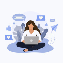 Woman sitting with laptop in nature and leaves. Freelance, online studying, work from home concept. Vector illustration in flat style.