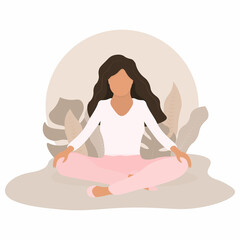 Young woman sitting in yoga lotus pose. Concept of meditation. Vector illustration in flat style.