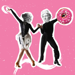 Contemporary art collage of dancing couple with statue heads and donut element isolated over pink background