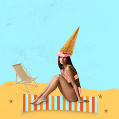 Contemporary art collage of woman in swimsuit with ice cream cone on head isolated over drawn beach...