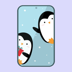 A cute cartoon penguins in the smartphone