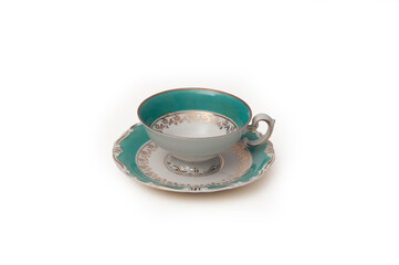 Set of antique tea and coffee cups on white background 