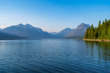 Lake McDonald in Glacier National Park in Montana on a sunny summer evening
