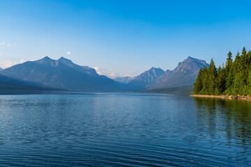 Lake McDonald in Glacier National Park in Montana on a sunny summer evening