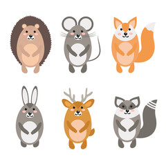 Obraz na płótnie Canvas hedgehog, mouse, fox, hare, deer, raccoon. set of cartoon forest animals. childrens vector illustration in flat style