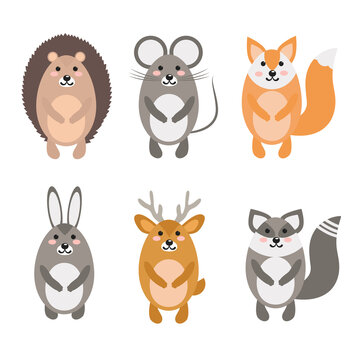  hedgehog, mouse, fox, hare, deer, raccoon. set of cartoon forest animals. childrens vector illustration in flat style