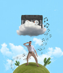Contemporary art collage of artistic dancing man standing on green hill under playing music...