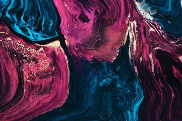 Fluid Art. Beautiful blue and purple waves with black curls. Marble effect background or texture
