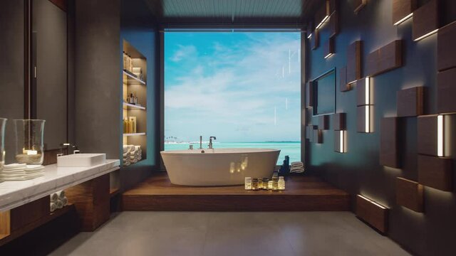 Luxury Bathroom Interior With Bathtub And Beautiful Ocean View