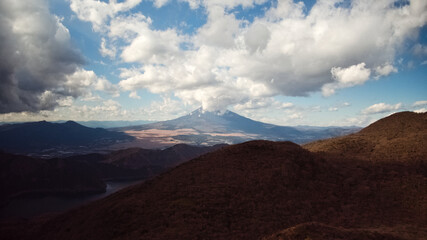 Fototapeta na wymiar 葉が落ちた木々と富士山の空撮