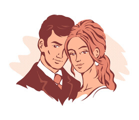 Portrait of the bride and groom. Beautiful newlywed couple. Template for decorating wedding cards and invitations. Romantic illustration outline. Hand drawn sketch