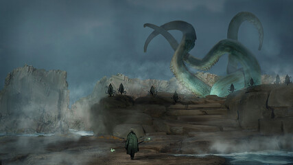 Digital painting of a dark summoning ritual calling an evil sea creature - Fantasy 3d illustration