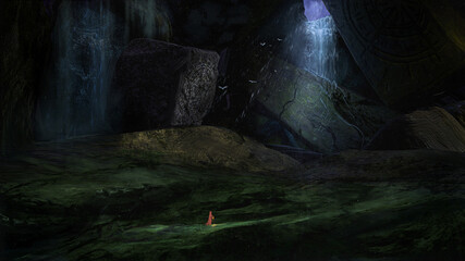 Digital painting of a deep ancient cave with runes and symbols on the rocks - Fantasy 3d illustration