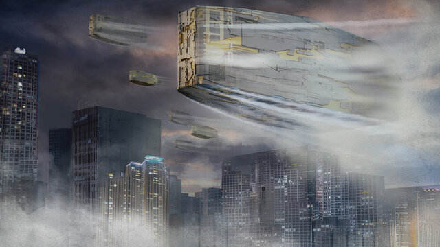 Digital painting of a squad of sci-fi space ships invading a civilized city of earth - Fantasy 3d illustration