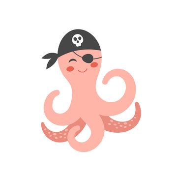 Cute octopus in pirate bandana and eye patch. Marine life cartoon character for children's cards, books, greeting cards. Flat vector illustration isolated on white background.
