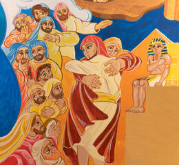 FORLÍ, ITALY - NOVEMBER 11, 2021:  The modern fresco Josephs brothers return to Egyptin the church...
