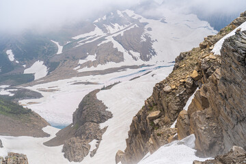 Overlook view of Grinnell Glacier and Upper Grinnell Lake, the Garden Wall, and the Continental...