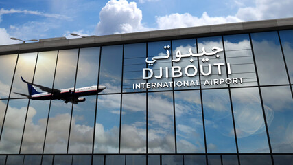 Airplane landing at Djibouti Jibuti airport mirrored in terminal