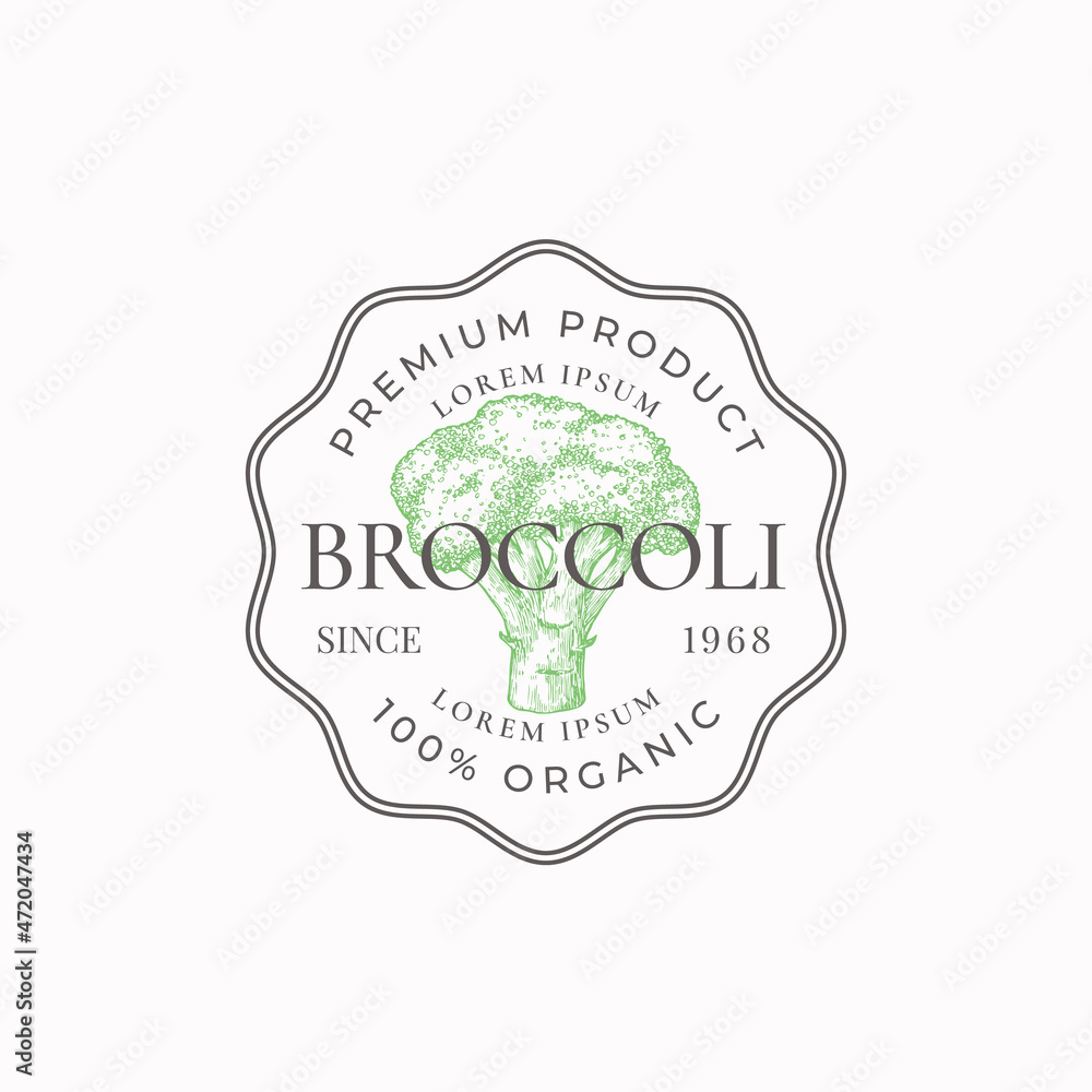 Canvas Prints broccoli frame badge or logo template. hand drawn vegetable sketch with retro typography and borders