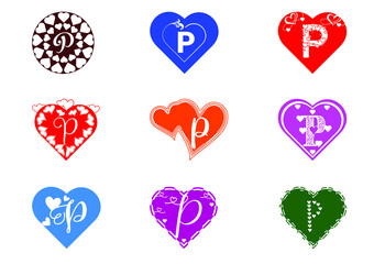 P letter logo with love icon, valentines day design template