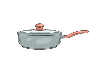 Frying pan or saucepan with long handle, sketch vector illustration isolated.