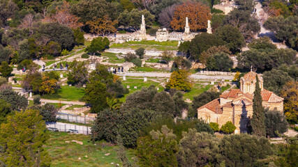 Fototapeta na wymiar Ancient Agora and medieval Church of the Holy Apostles as viewed from the Acropolis. Athens, Greece