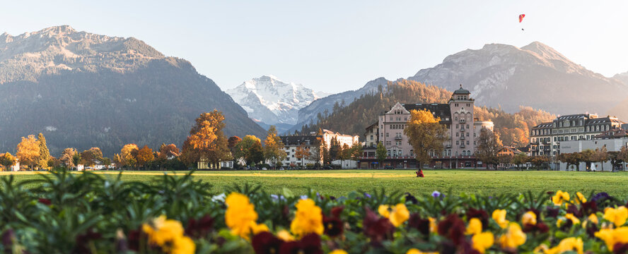 Buildings and mountains at Iseltwald, Interlaken, Switzerland