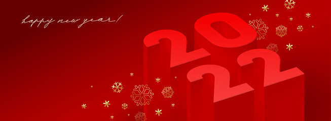 2022 new year greeting card with 3d realistic render number of the year with golden snowflakes. Vector illustration.