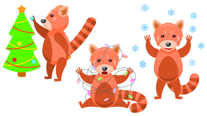 Set Abstract Collection Flat Cartoon 
Different Animal Red Pandas Decorates The Christmas, Tangled In A Garland, Stands Under The Falling Snowflakes Vector Design Style Elements Fauna Wildlife