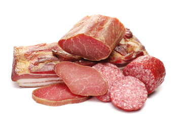 Salami sausage slices, smoked bacon and smoked pork loin isolated on white background