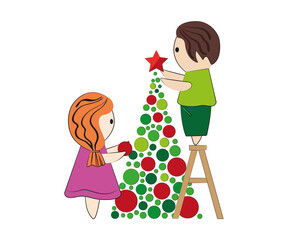 Cartoon boy and girl decorate a Christmas tree. Vector. Isolated