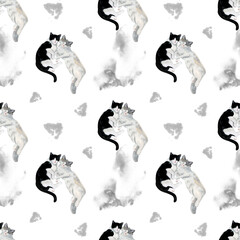 Gouache hand drawn Seamless Pattern with Cute Cat Couple on a white background. Adorable animals. 