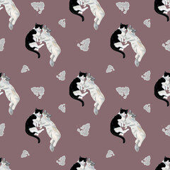 Gouache hand drawn Seamless Pattern with Funny Cats stains on a pink background. 